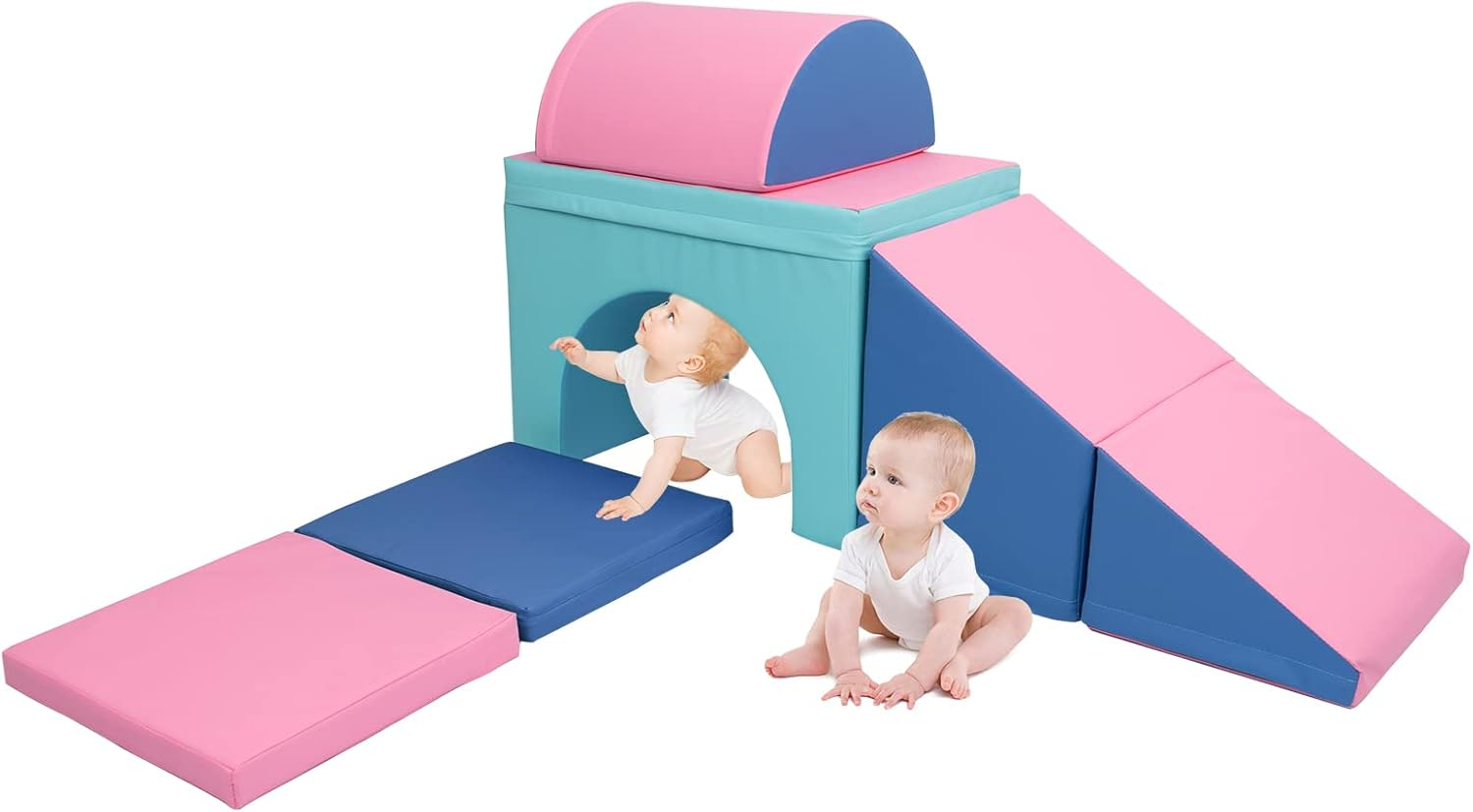 XJD Foam Climbing Blocks for Toddlers, 5 Piece Soft Play Foam Baby Climbing Blocks for Toddlers, Single-Tunnel Climb and Crawl Activity Playset, Pink Blue