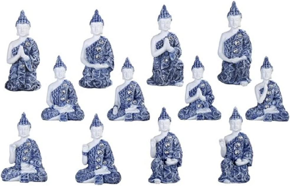 ICE ARMOR 12-Piece Blue and White Miniature Buddha in Different Poses 3.5"H Statue Feng Shui Decoration Figurine Set Office Desk/Home/Living Room/Table Decor, Perfect house warming gifts for new home