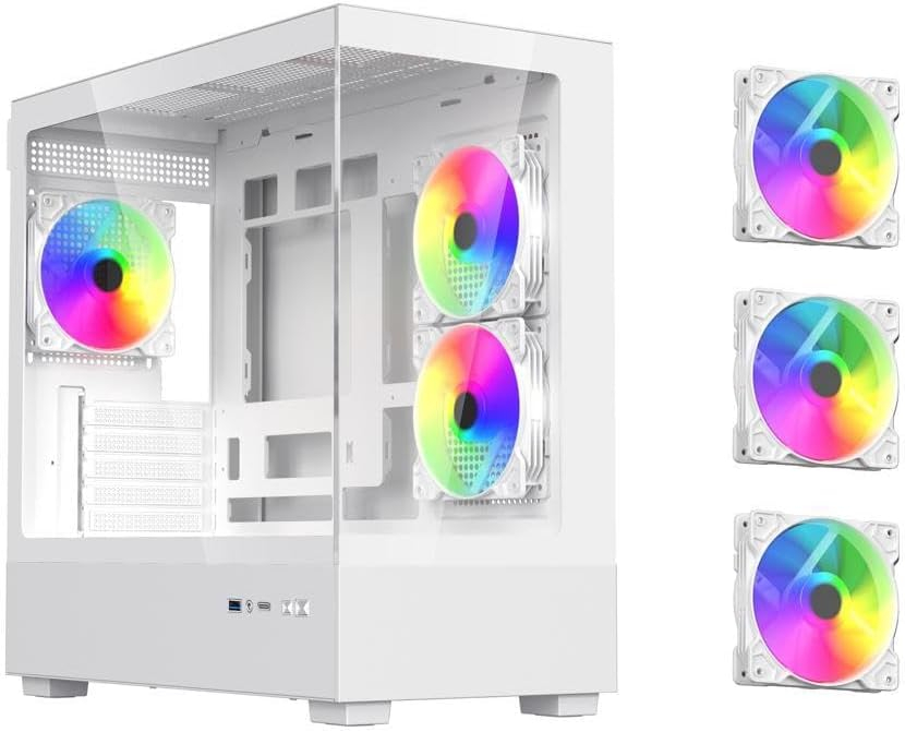 DIYPC ARGB-N1-W White USB3.0 /Type C Micro ATX Gaming Computer Case w/ Frameless Dual Tempered Glass Panel and 3 x ARGB 120mm Fans (Pre-Installed). Support 4090TI GPU and 360mm AIO