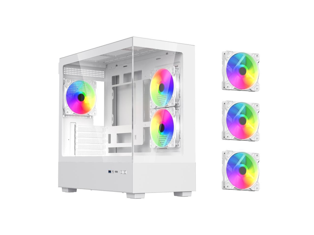 DIYPC ARGB-N1-W White USB3.0 /Type C Micro ATX Gaming Computer Case w/ Frameless Dual Tempered Glass Panel and 3 x ARGB 120mm Fans (Pre-Installed). Support 4090TI GPU and 360mm AIO