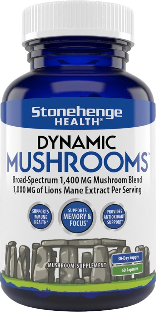 Stonehenge Health Dynamic Mushrooms - 100% Fruiting Bodies & Extracts - Lion’s Mane, Chaga, Maitake, Shiitake, Reishi - Nootropic Brain & Focus, Immune System Booster No Mycelium, 60 Veggie Capsules