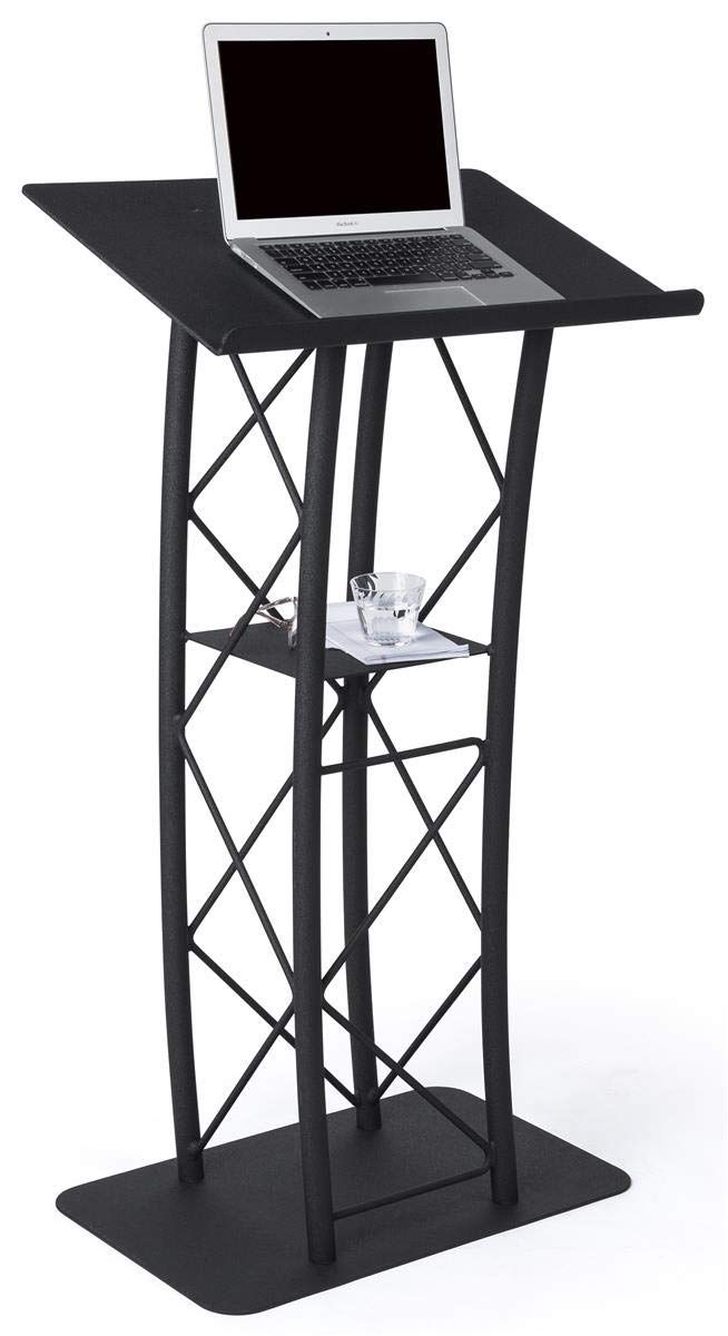 Displays2go Black Aluminum and Steel Truss Lectern with Curved Design (LCTTACBK)