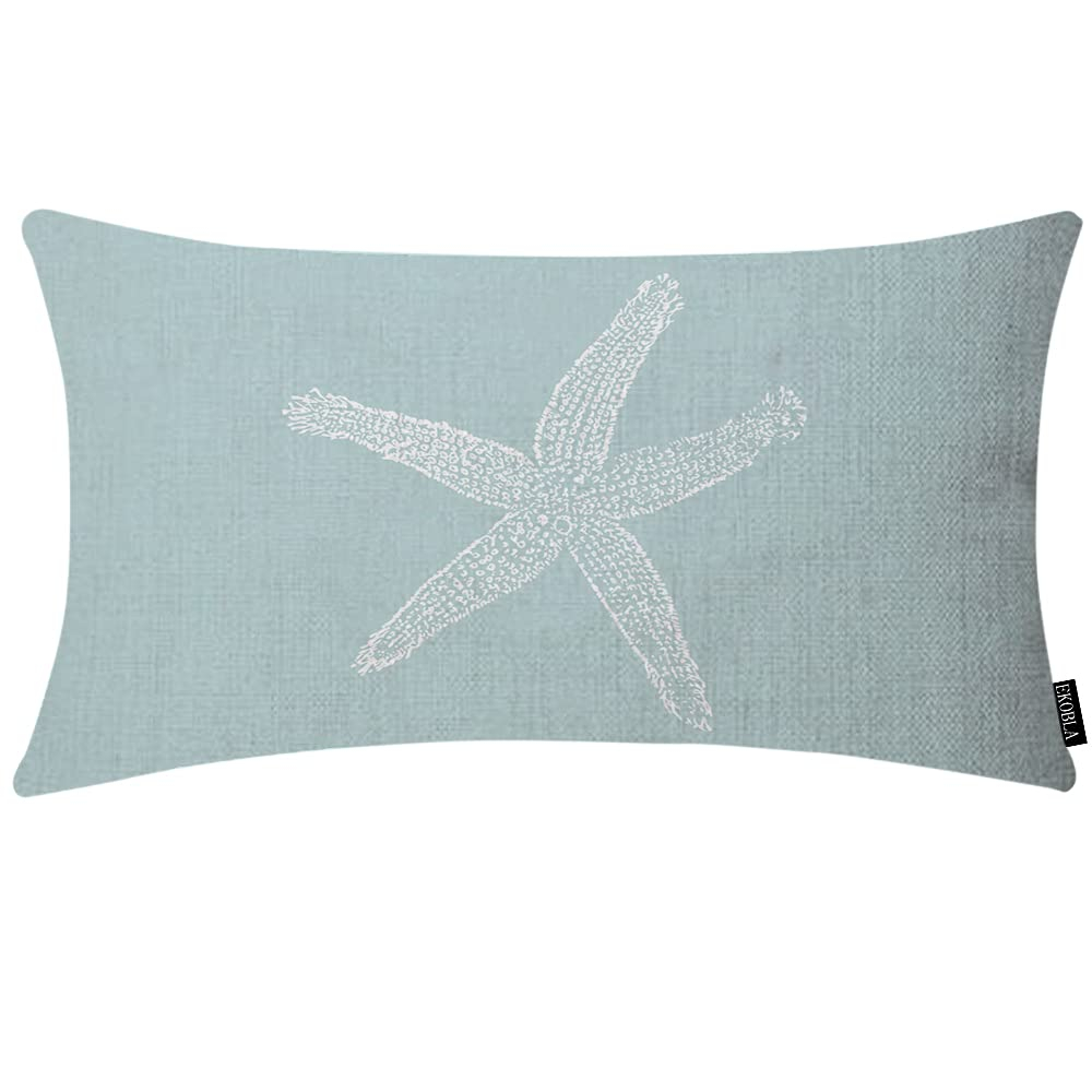 EKOBLA Green Starfish Sea Star Vintage Pastel Sea Foam Blue Fish Decorative Pillow Case Throw Pillow Covers Waist Lumbar Cotton Linen Throw Pillow Cases Cushion Cover Rectangular 12x20 Inches