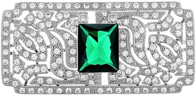 Bohemian Green CZ Rectangle Brooch Pin for Women Silver Plated Dainty Emerald Birthstone Vintage Filigree Geometric Brooches Lapel Pins Dress Accessories Wedding Mother's Birthday Jewelry Gift