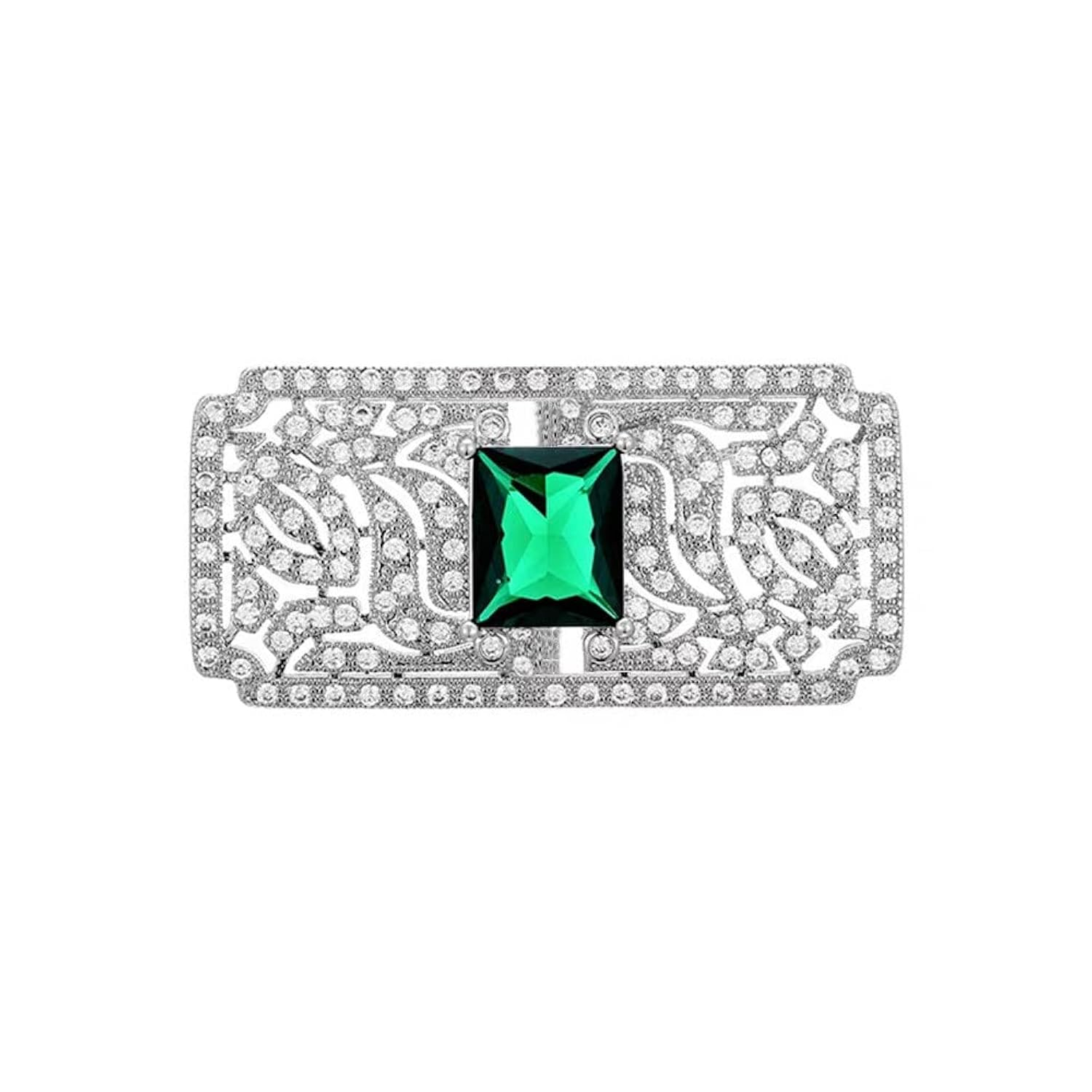 Bohemian Green CZ Rectangle Brooch Pin for Women Silver Plated Dainty Emerald Birthstone Vintage Filigree Geometric Brooches Lapel Pins Dress Accessories Wedding Mother's Birthday Jewelry Gift