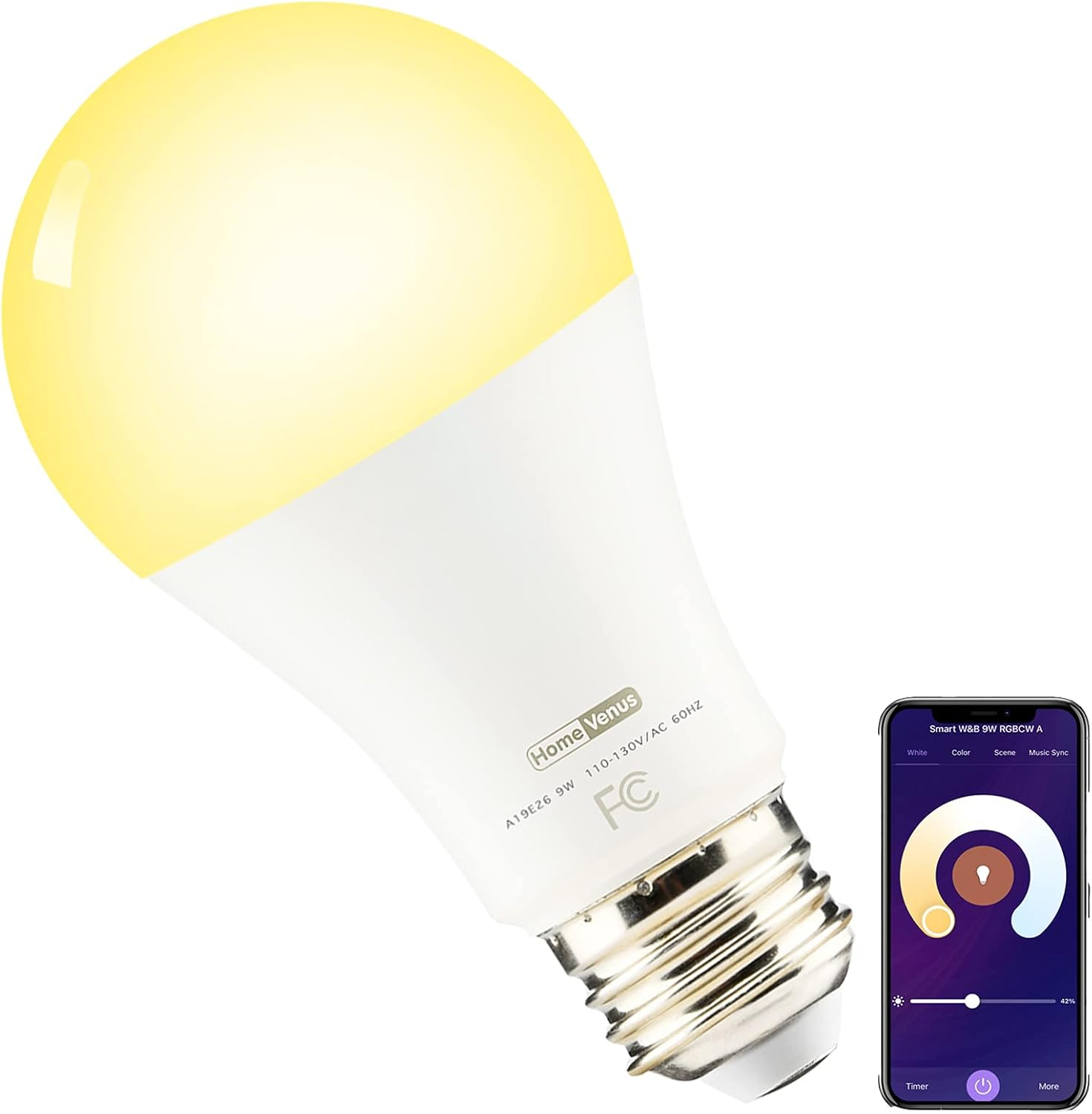 Homevenus HVS Smart Light Bulbs,9W A19 E26 Dimmable Tunable Cool Warm White LED Light Bulb 2500k-6500k, APP Control 2.4GHz WiFi Bluetooth Assist Connection, Work with Alexa/Google Assistant 1 Pack
