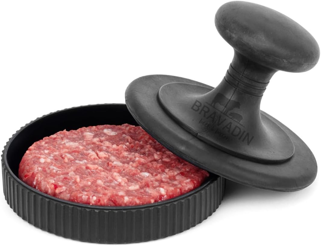 BRAVADIN Silicone Non-Stick Hamburger Press Patty Maker 1/3 lb with 100 Papers for 4.5-6" Patties with Ring Mold- Dishwasher Safe Burger Smash Press for Griddle-Burger Shaper Form Tool