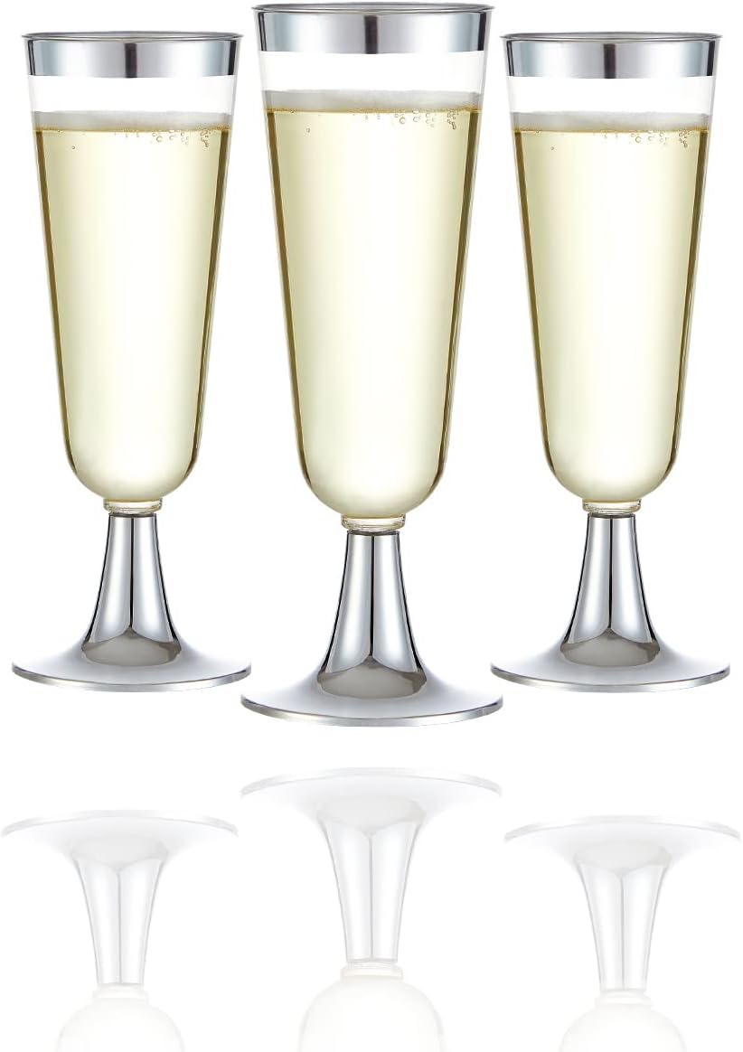 N9R 24pcs Plastic Champagne Flutes with Silver Rim, Clear Disposable Champagne Glasses 5 Oz, Perfect for Wedding and Party Toasting