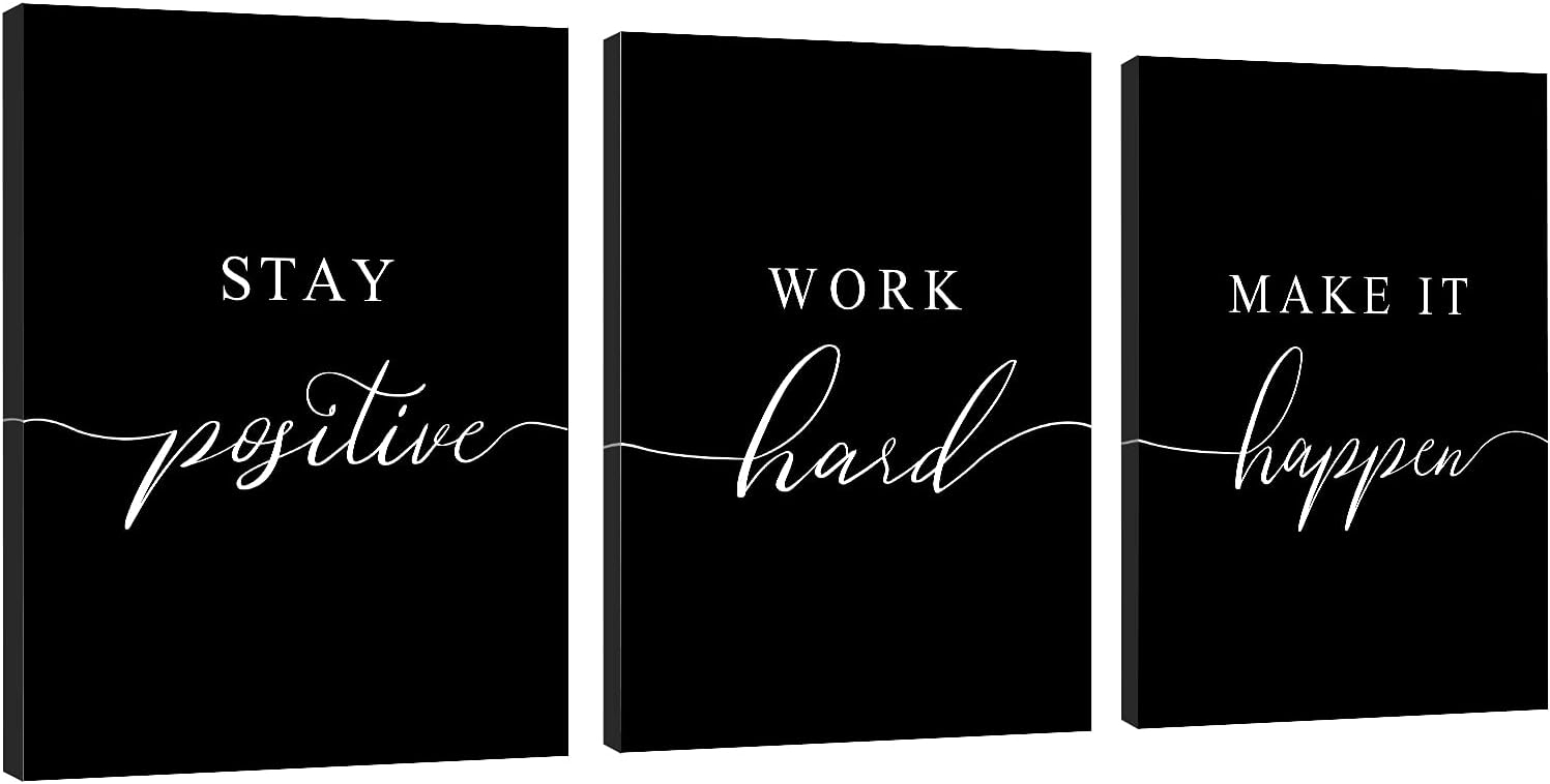 Work Hard Prints,Framed Canvas Wall Art Success Quote, Office Wall Art, Black Large Poster, Positive Motivational Set of 3 Prints, Stay Positive Poster, Office Decor Prints (E-3pcs,16x24inchx3pcs)