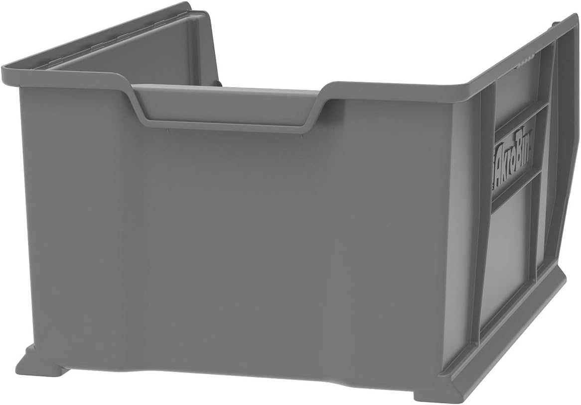 Gray Plastic Stackable Storage Bin for Garage Organization