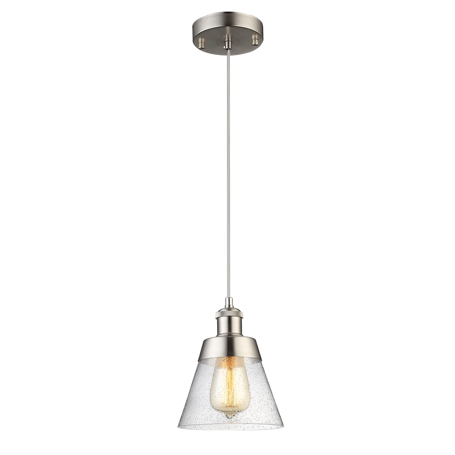 Modern Glass Pendant Light with Handblown Clear Seeded Glass Shade, One-Light Adjustable Industrial Mini Pendant Lighting Fixture for Kitchen Island Cafe Bar, Brushed Nickel