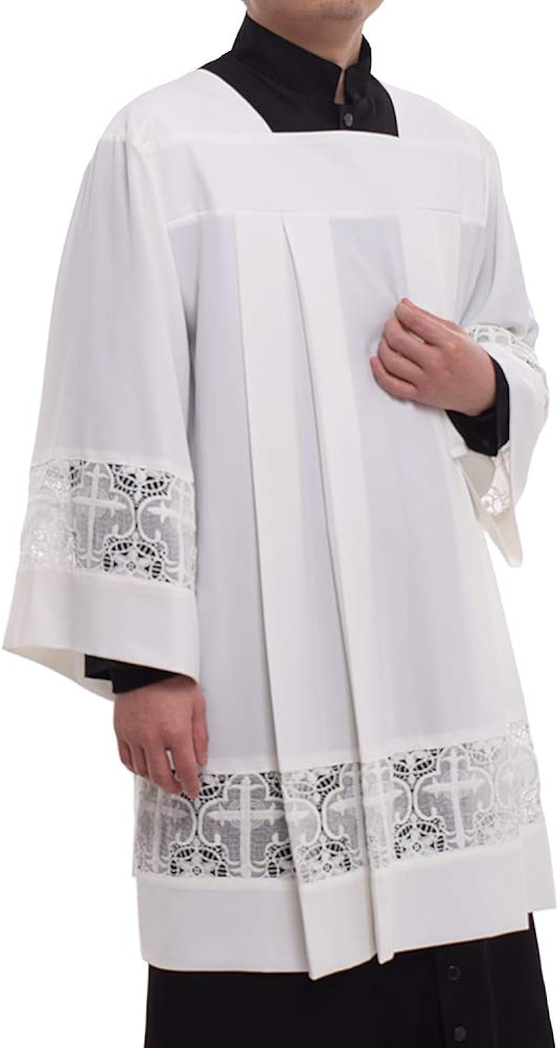 BLESSUME Catholic Pleated Lace Surplice Liturgical Cotta Vestment