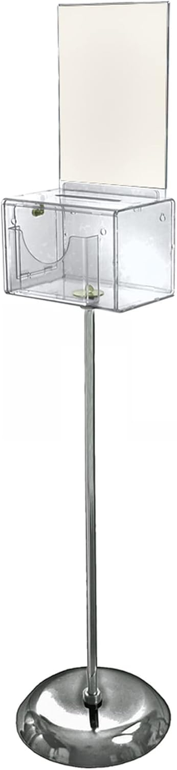 Azar Displays Large Clear Lottery Box with Pocket, Lock and Keys on Pedestal