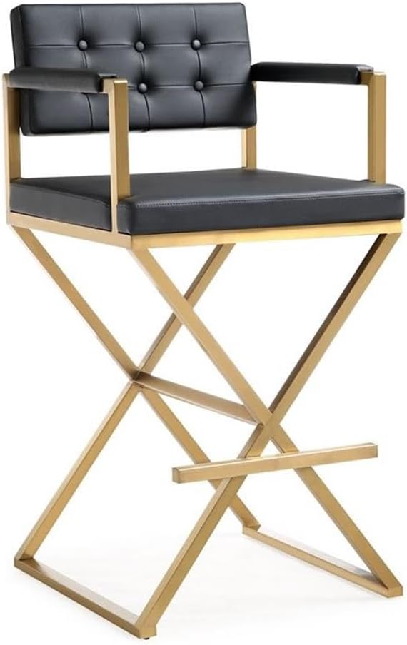 TOV Furniture Director Black Vegan Leather Barstool with Gold Steel Legs