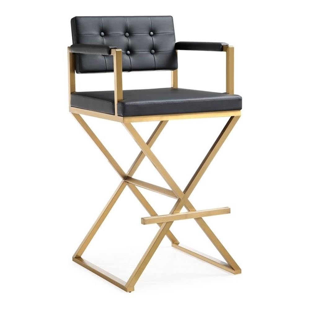 TOV Furniture Director Black Vegan Leather Barstool with Gold Steel Legs
