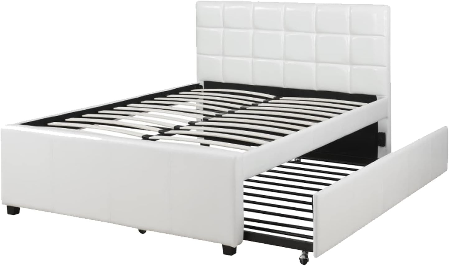 Gracious Wooden Full Bed With Trundle And SQU Tufted HB, White