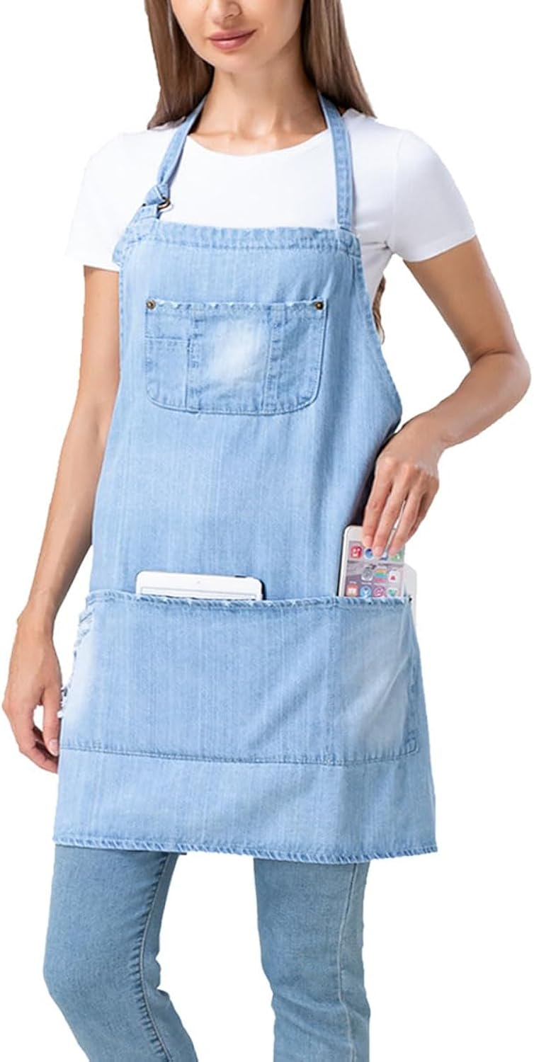 Jowcud Denim Apron With 5 Pockets for Cooking Kitchens,Hairstylist Aprons for Women Men,Adjustable Bib Jean Apron for Arts Gardening Cafes Bars Work C65