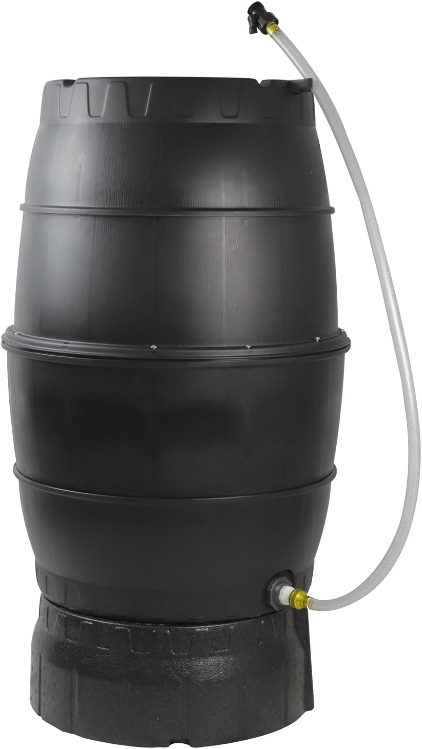 Black Cylindrical 50 Gallon Rainwater Collection Barrel with Stand