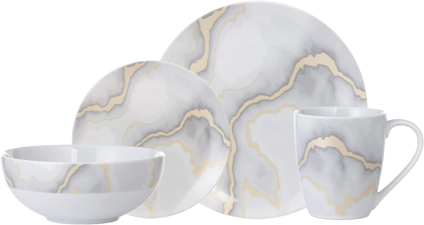 Safdie & Co. Ceramic Dinnerware Set Dishwasher Safe 19 lb. 16-Piece Dish Set, Electric Marble