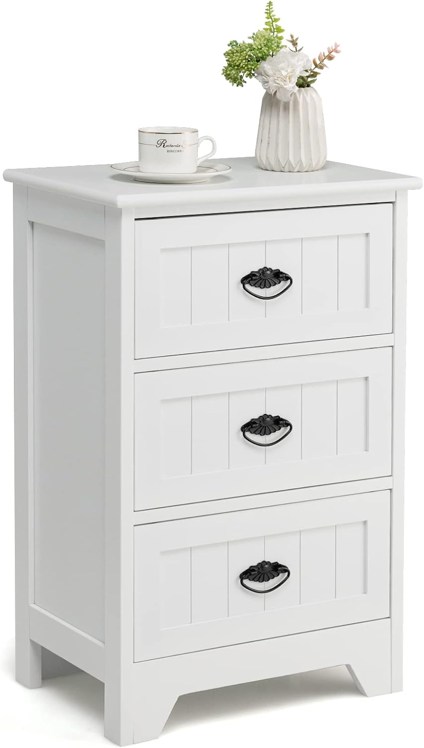 Gymax End Table Nightstand Bedroom Storage w/ 3 Drawers & Wood Slide White