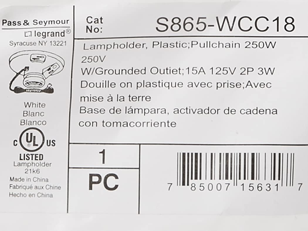 Legrand Pass & Seymour S865WCC18 250W 250V Medium Base A26 Lampholder, Plastic, 15 Amp Outlet, Pull Chain, White (1 Count)