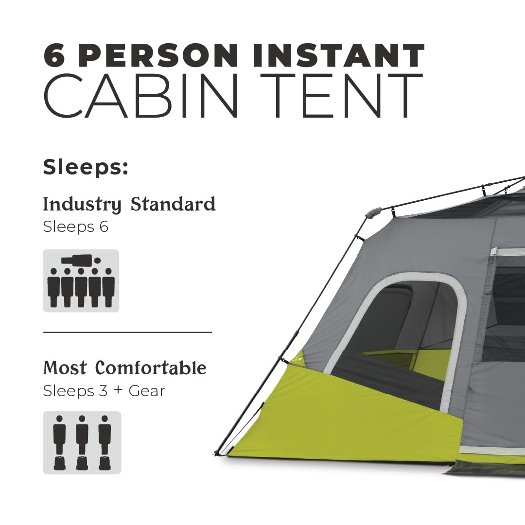 CORE Instant Cabin Tents | 6 Person / 9 Person / 10 Person / 12 Person Family Cabin Multi Room Pop Up Tents Car Camping | Included Storage Pockets for Camping Accessories