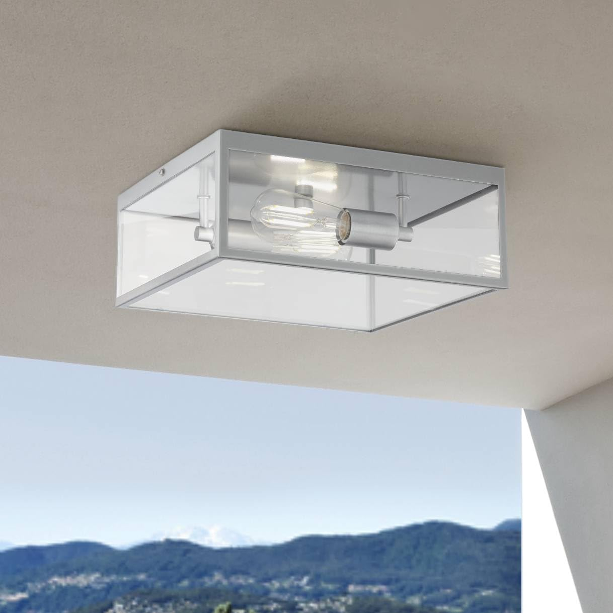 Union Modern Farmhouse Indoor-Outdoor Flush-Mount Ceiling Light Fixture 12" Matte Silver Nickel Clear Glass Panels Square Exterior House Porch Patio Outside Deck Garage Entryway Home