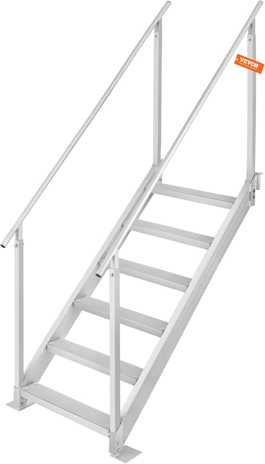 VEVOR Dock Stairs 4 Steps, 500lbs Load Pool Steps, Adjustable Height Aluminum Dock Ladders, Pontoon Boat Ladder with Handrails & Widen Nonslip Pedals for Lake/Pool/Marine Boarding/RV/House