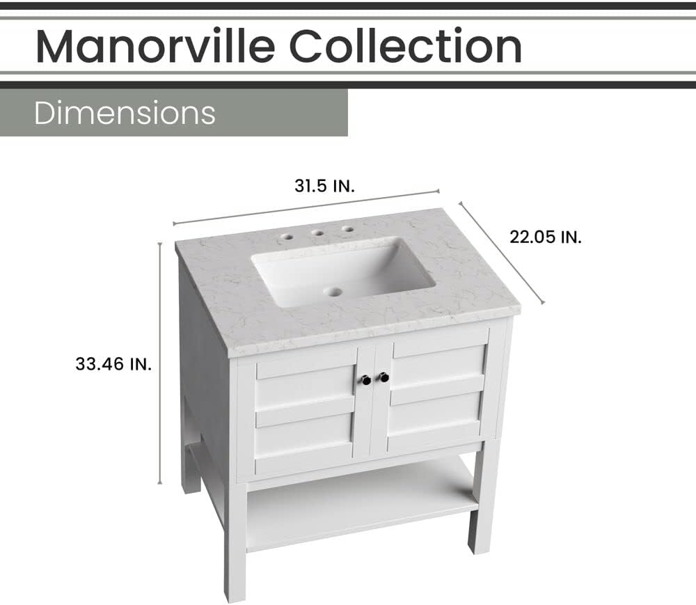 Hanover Manorville 31'' Vanity Cabinet with Sink Combo for Bathroom, Powder Room | Pre-Assembled Cabinet | Artificial Stone Marble Countertop, White Cabinet | HANVN0101-31-1WH