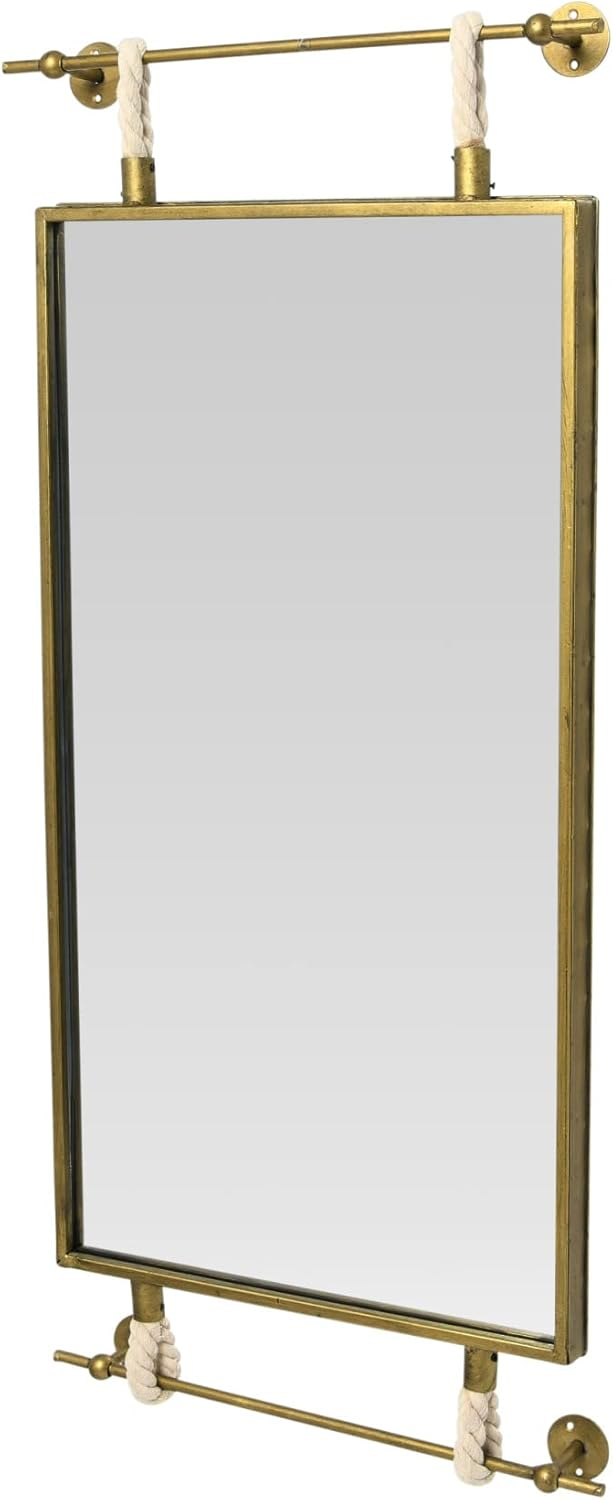 Creative Co-Op Rectangle Metal Framed Wall Mirror with Rope Accents and Metal Brackets, Gold
