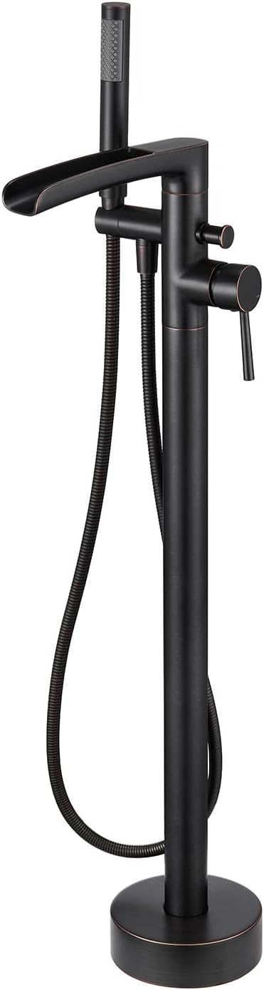 Free Standing Tub Faucet Brass Oil Rubbed Bronze Waterfall Freestanding Bathtub Faucet Floor Mount Tub Filler with Handheld Sprayer