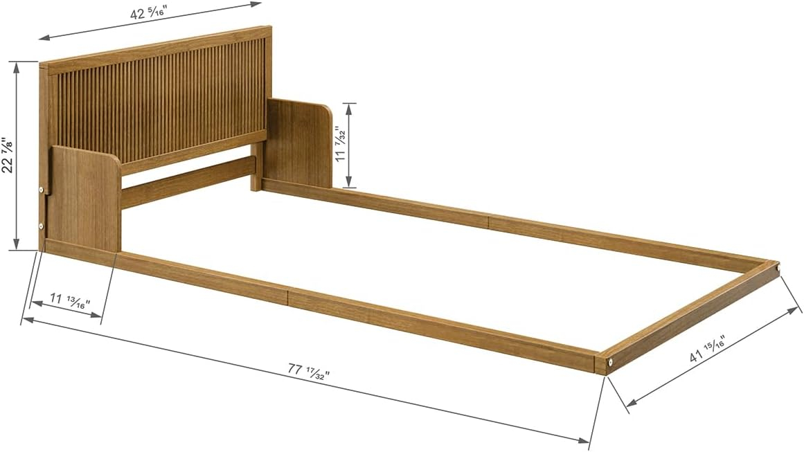 Natural Oak Twin Pine Wood Floor Bed with Headboard
