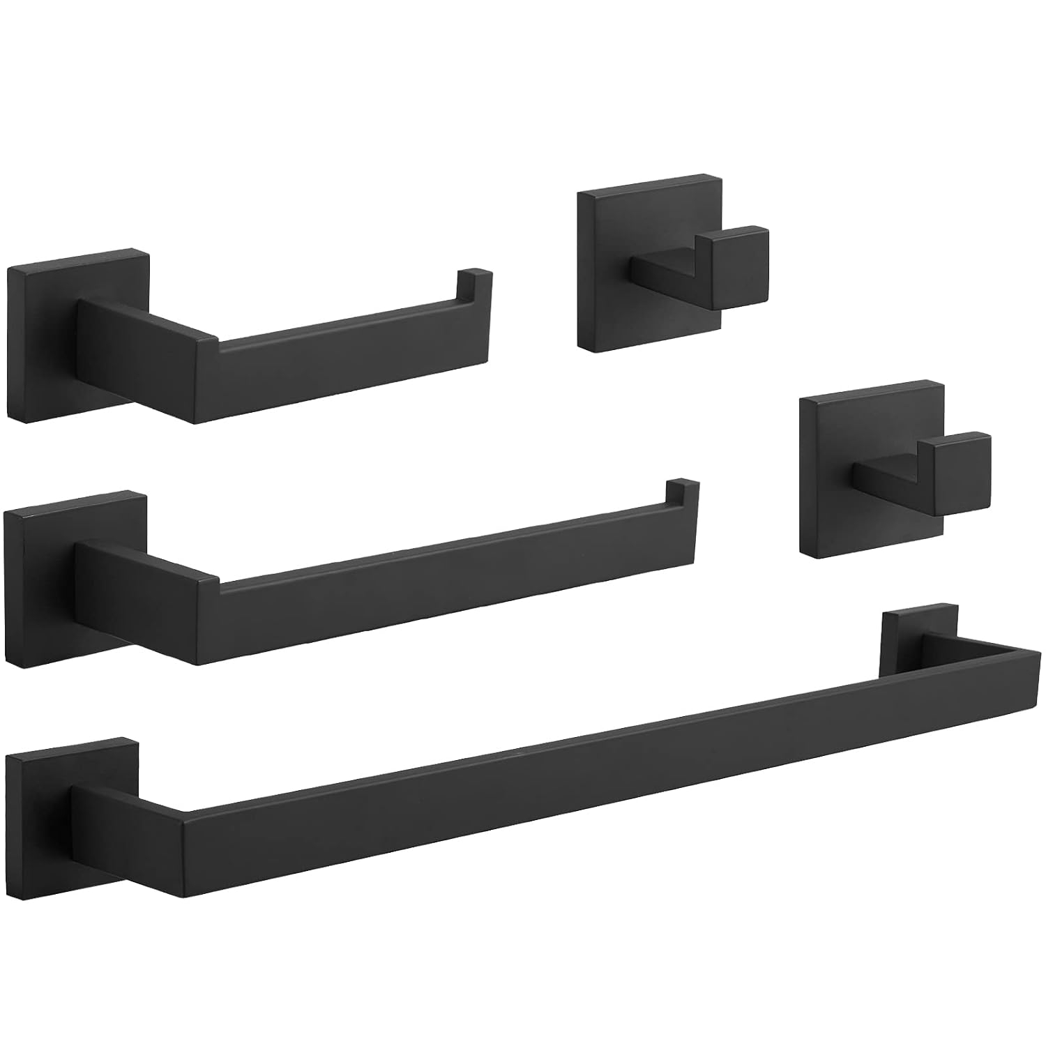 BWE 5 Pieces Matte Black Bathroom Hardware Set SUS304 Stainless Steel Include 21.9" Towel Bar,Hand Towel Holder,Toilet Paper Holder and 2 Robe Hook Square Bathroom Accessories Set Wall Mounted