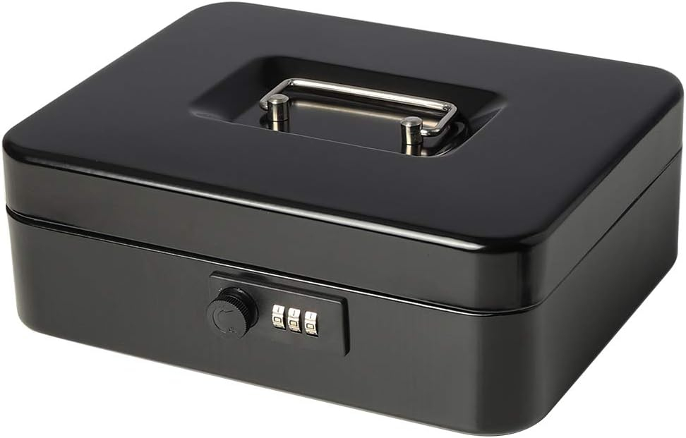 KYODOLED Large Cash Box with Combination Lock Safe Metal Money Box with Money Tray for Security Lock Box 9.84"x 7.87"x 3.54" Black