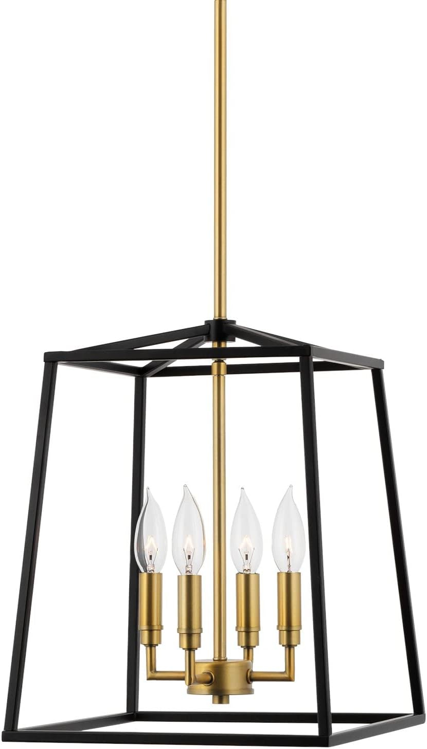 Kira Home Bellevue 16" 4-Light Farmhouse Lantern Pendant Light, Adjustable Foyer Chandelier, Warm Brass Accents + Black