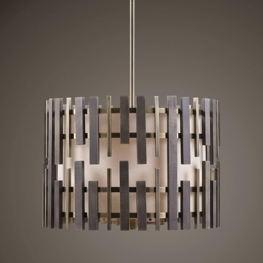 Kalizma Antique Brass 4-Light Drum Pendant with Cream Linen Shade