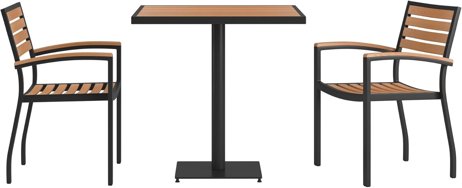 Flash Furniture Lark Series 3-Piece Steel/Aluminum Teak Patio Table and Chair Set, Teak