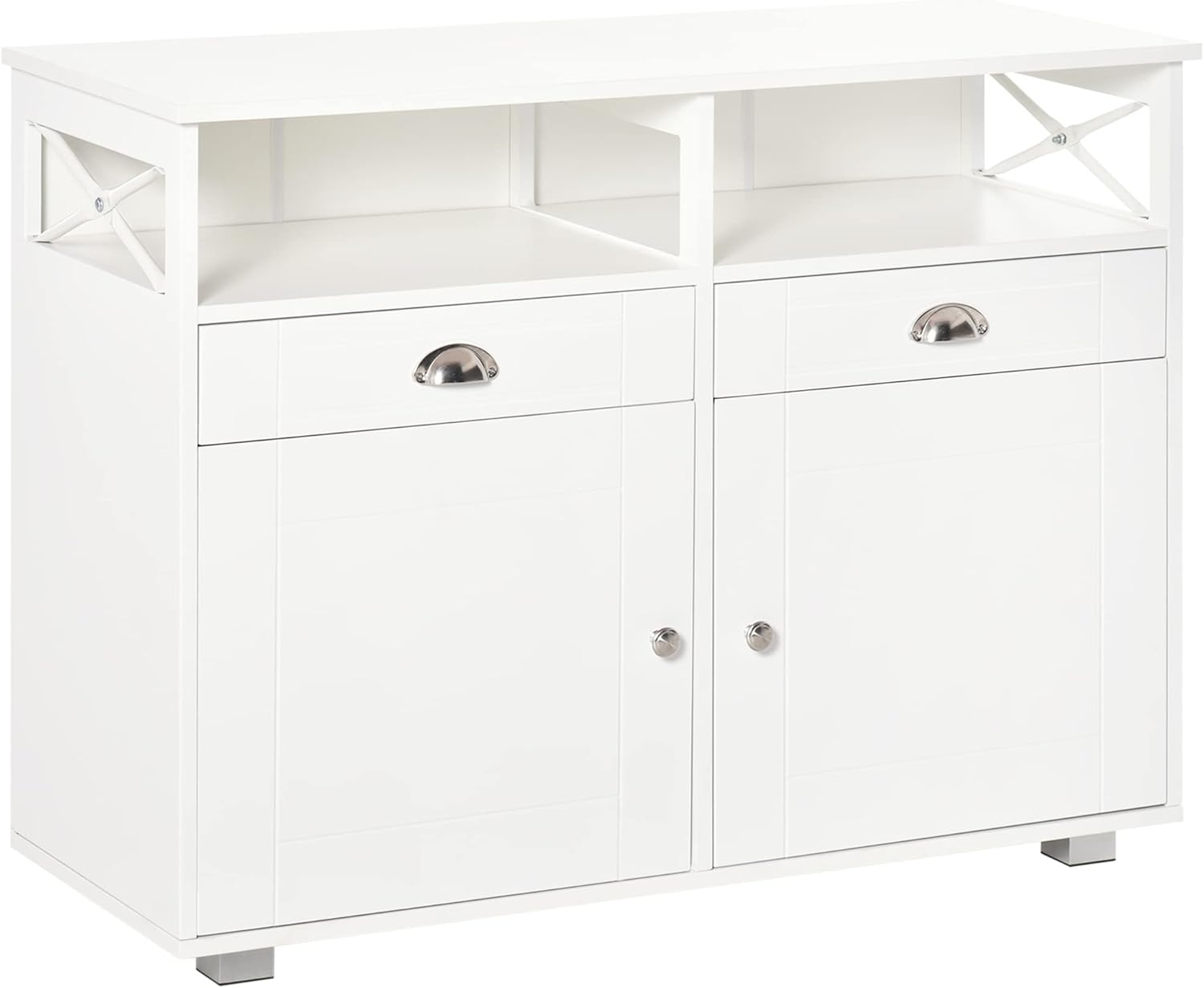 HOMCOM Sideboard Buffet, Coffee Bar, Kitchen Cabinet with Storage Drawers, Large Tabletop and Crossbar Side Design, White