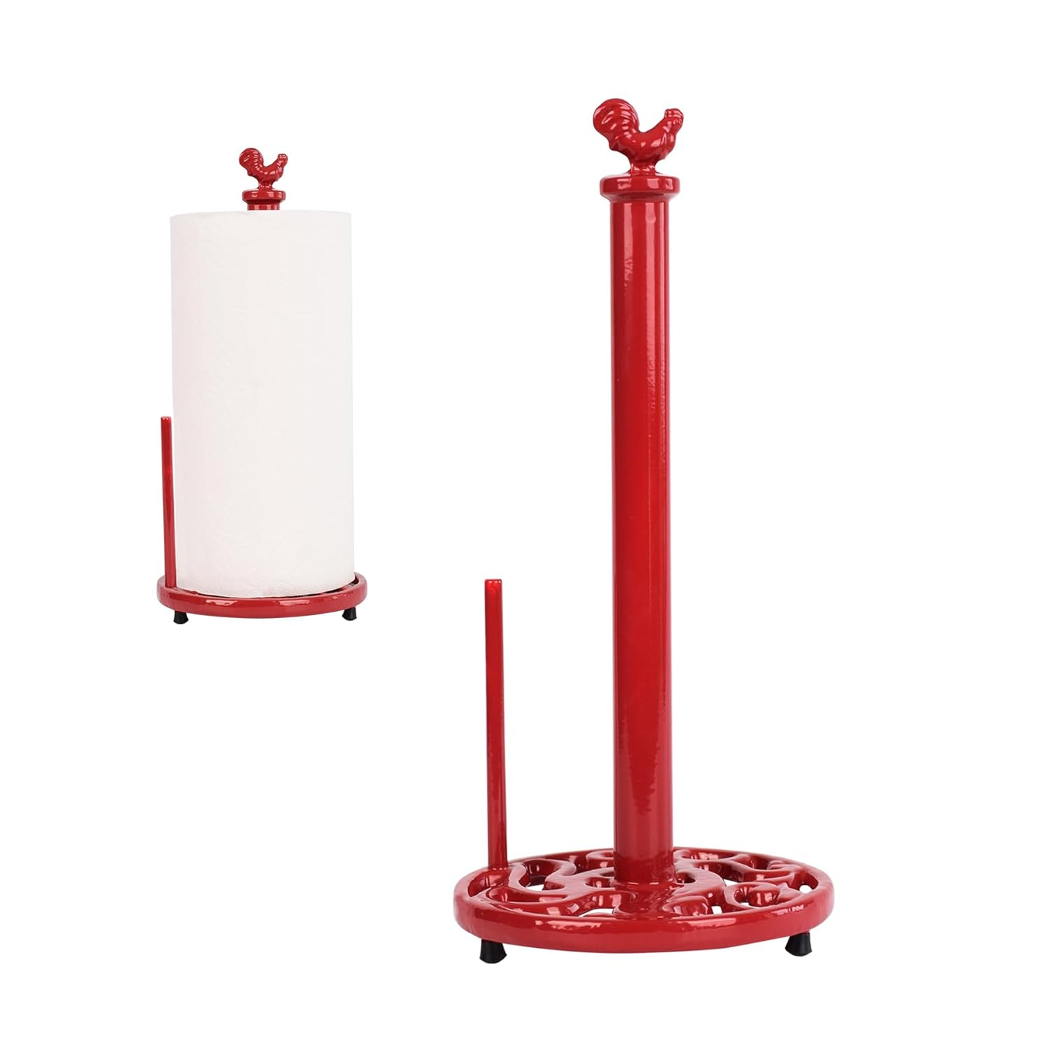 Vintage Paper Towel Holder Countertop - Cast Iron Standing Roll Paper Towel Dispenser with Elegant and Heavy Daffodil Pattern Base for Kitchen Décor, Red