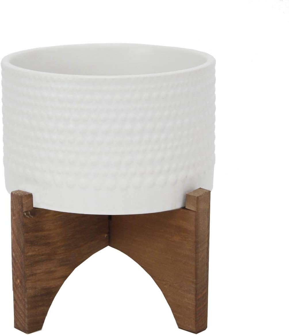 Matt White Hobnail 5" Ceramic Planter on Wood Stand