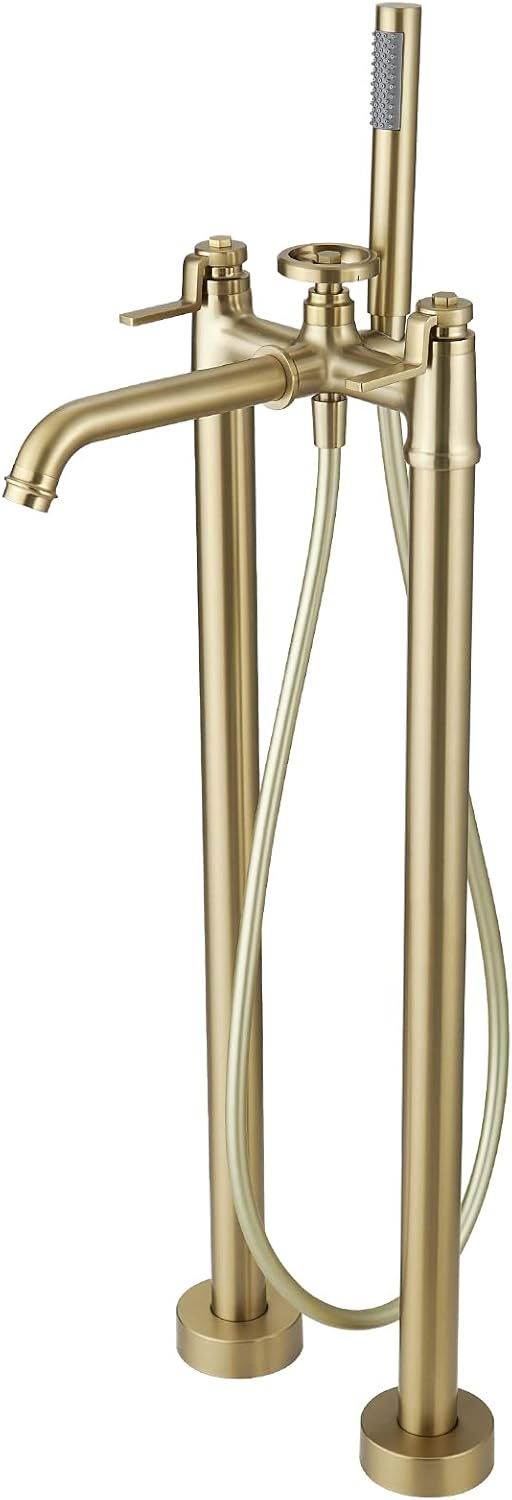 Brushed Gold Solid Brass Freestanding Bathtub Faucet with Handheld Shower