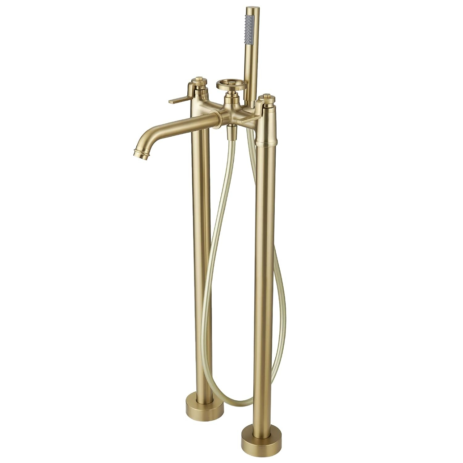 Brushed Gold Solid Brass Freestanding Bathtub Faucet with Handheld Shower