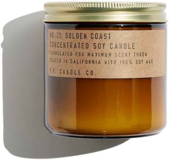 P.F. Candle Co. Large Candle - Golden Coast (12.5 oz Soy Wax, 60-70 Hour Burn Time, Amber Glass Jar)