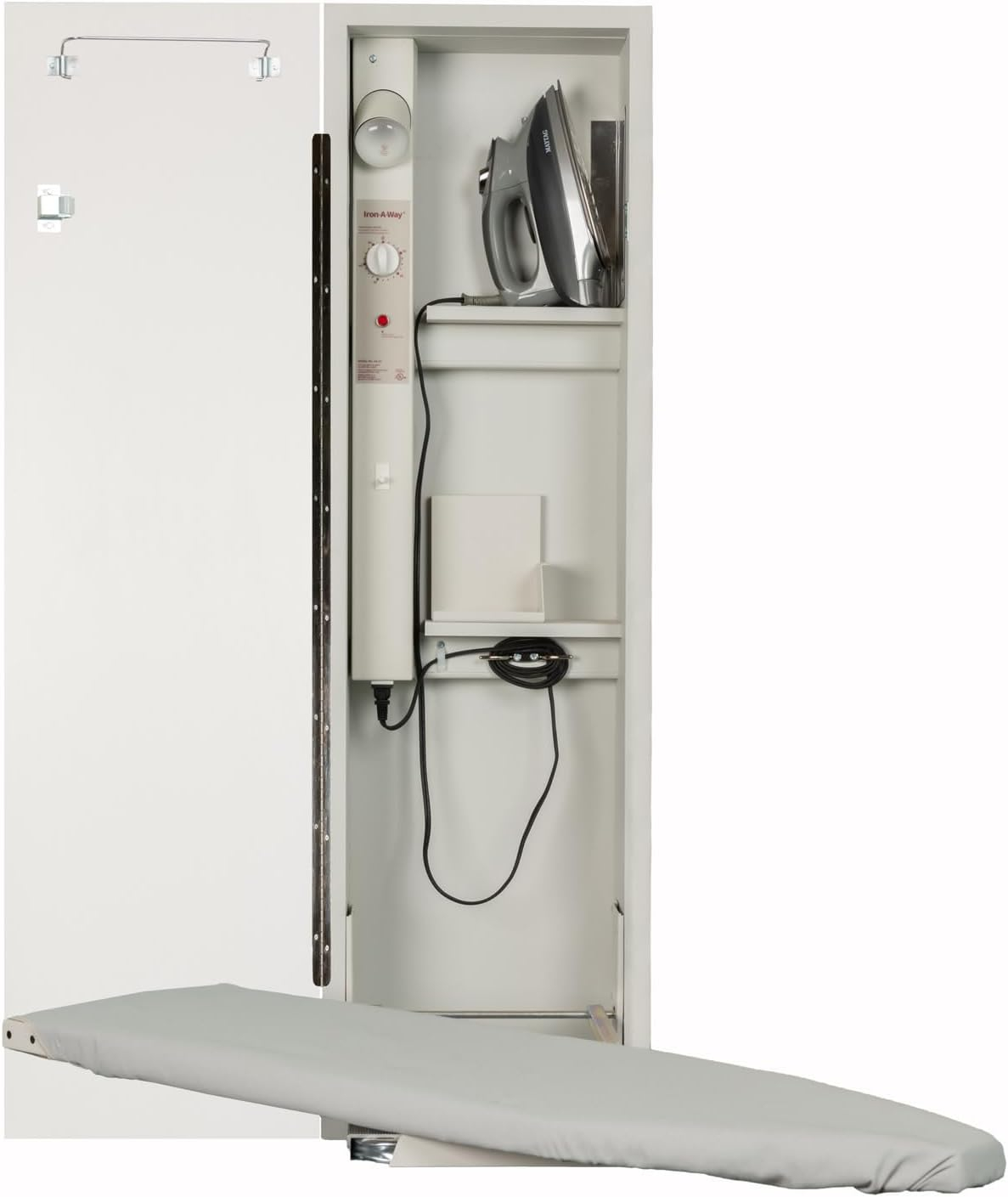 Iron-A-Way AE-42-L Ironing Center - 42 Inch Built-in Swiveling Ironing Board with Electric System, Light and Timer - Left Hinged Door - Flat White