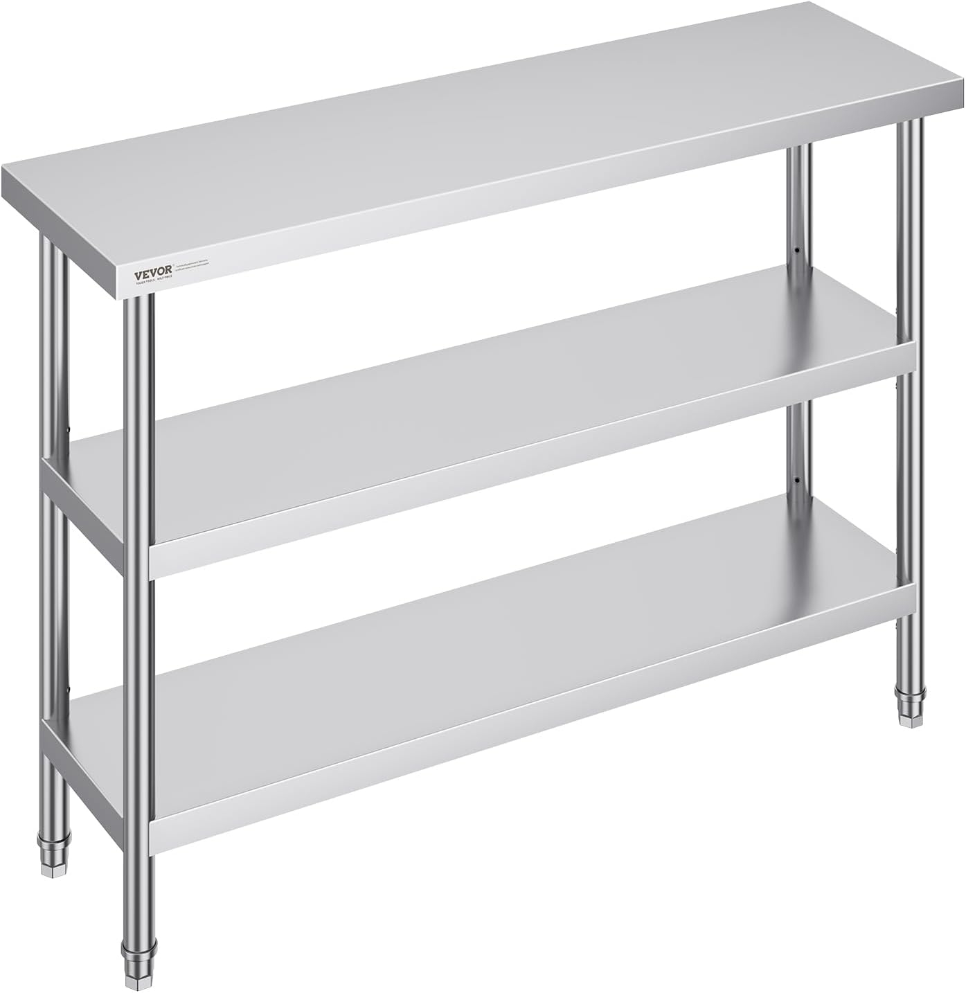 VEVOR Stainless Steel Food Prep Table, 14 x 48 x 34 Inch Commercial Kitchen Worktable, with 2 Adjustable Undershelf, Heavy Duty Prep Metal Work Tables for BBQ, Kitchen, Home, and Garage