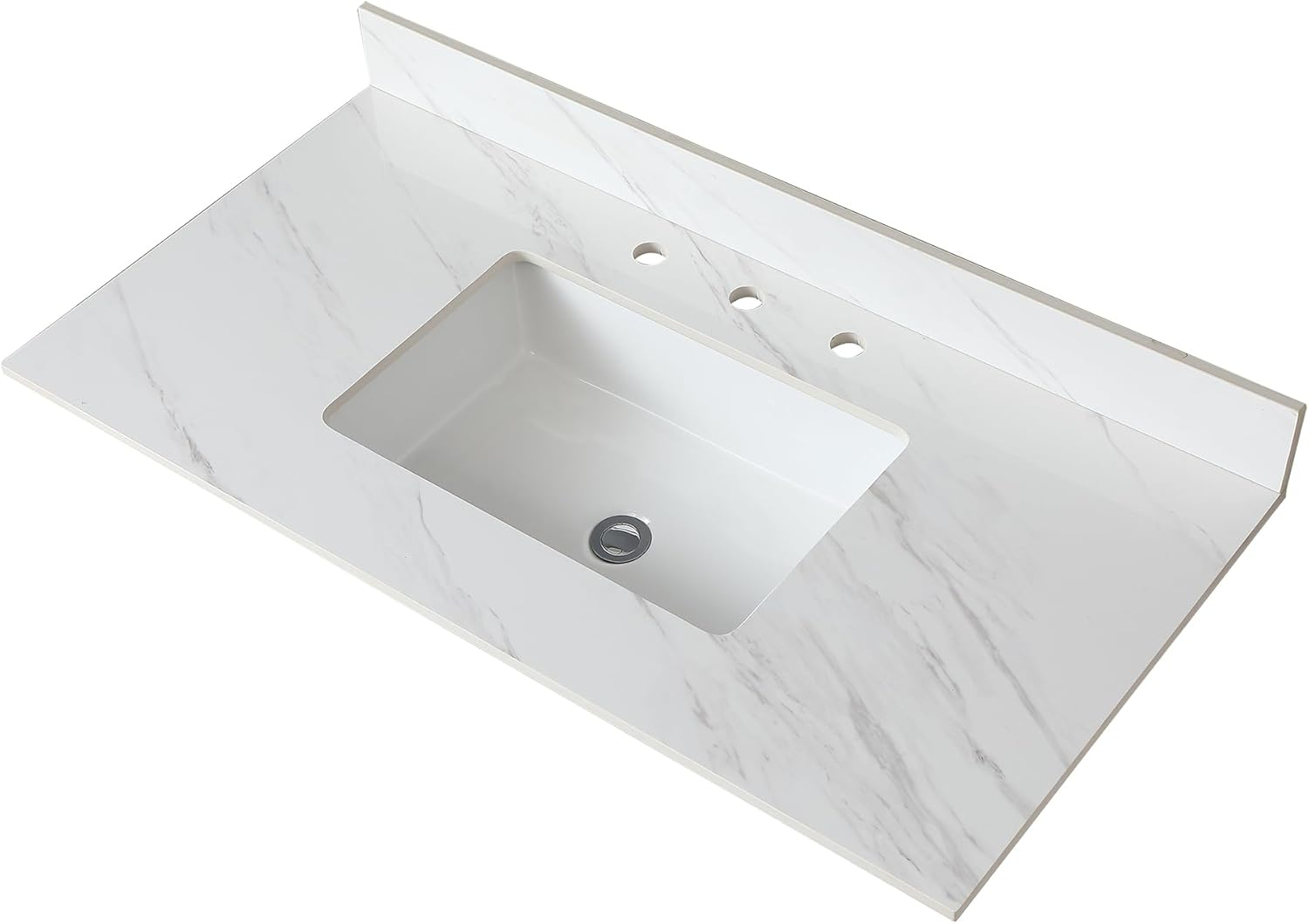 43 Inch Bathroom Vanity Top, Elegant White Sintered Stone Vanity Top with Rectangle Undermount Ceramic Sink and Top Backsplash, 43" Vanity Sink Top - 3 Holes, No Cabinet