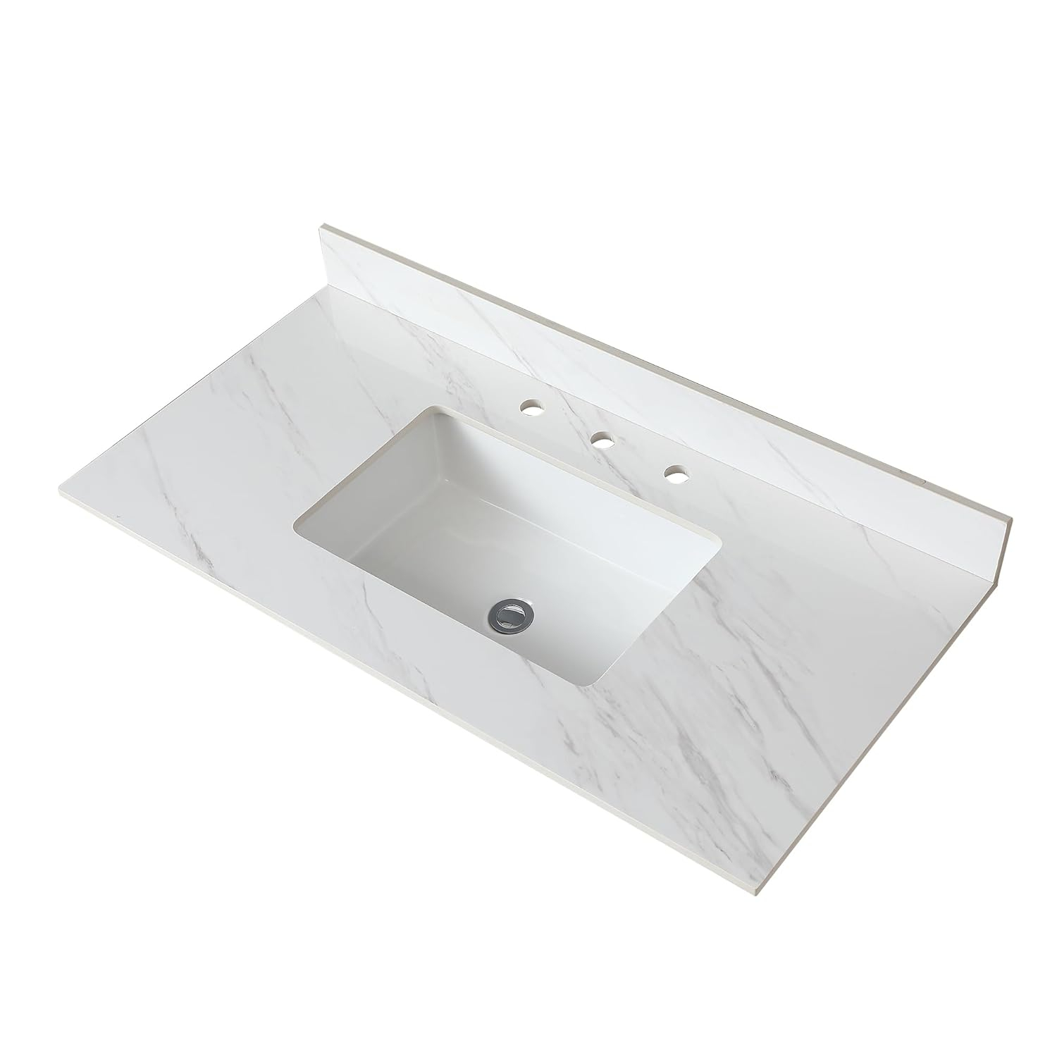 43 Inch Bathroom Vanity Top, Elegant White Sintered Stone Vanity Top with Rectangle Undermount Ceramic Sink and Top Backsplash, 43" Vanity Sink Top - 3 Holes, No Cabinet
