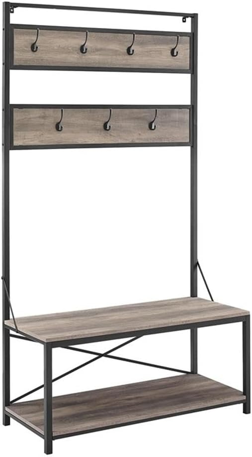 72" Gray Wash Industrial Metal and Wood Hall Tree with Bench