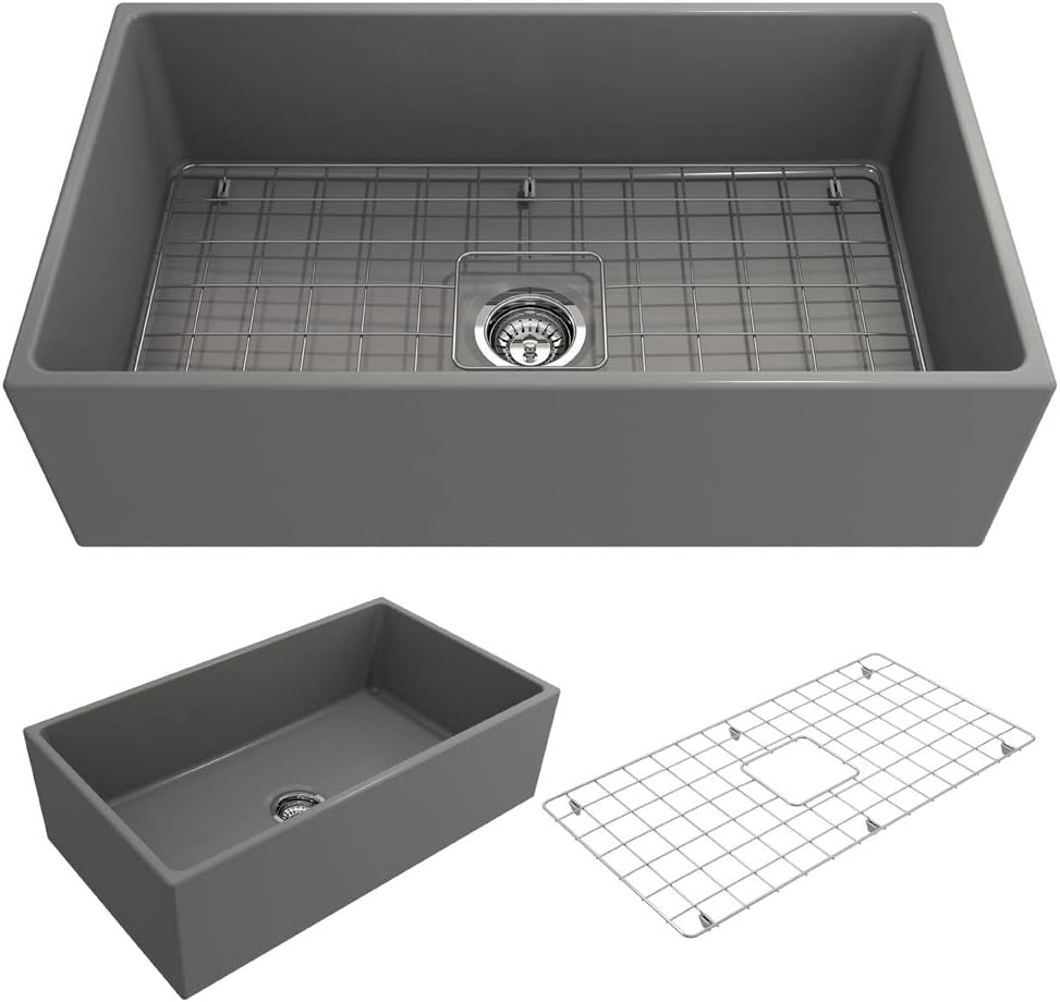 BOCCHI Contempo Farmhouse Apron Front Fireclay 33 in. Single Bowl Kitchen Sink with Protective Bottom Grid and Strainer in Matte Gray