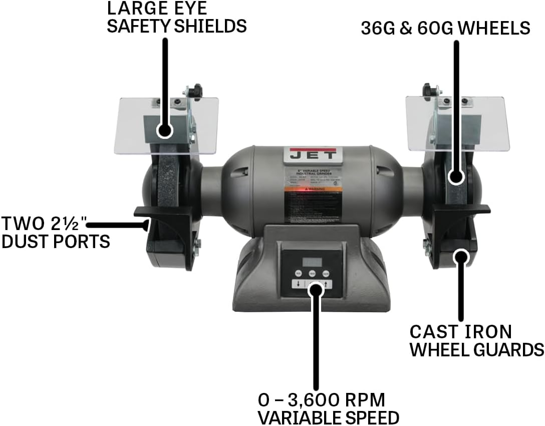 JET 8-Inch Variable Speed Industrial Bench Grinder with Casted Body